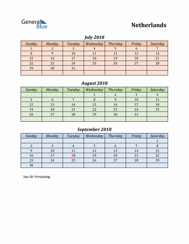 Q3 2018 Holiday Calendar - The Netherlands