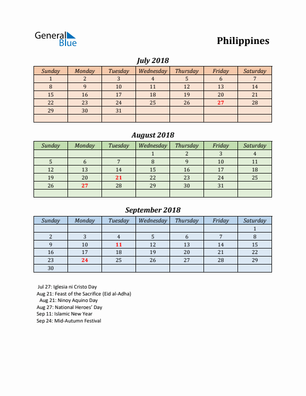 Q3 2018 Holiday Calendar - Philippines