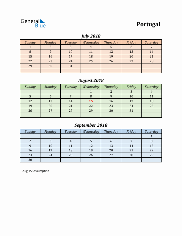 Q3 2018 Holiday Calendar - Portugal