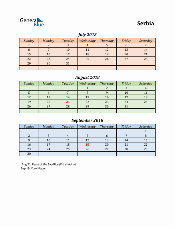 Q3 2018 Holiday Calendar - Serbia