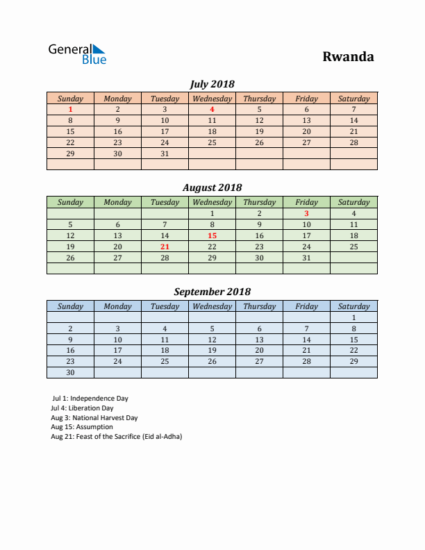 Q3 2018 Holiday Calendar - Rwanda