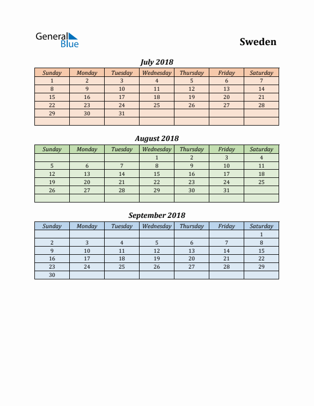 Q3 2018 Holiday Calendar - Sweden