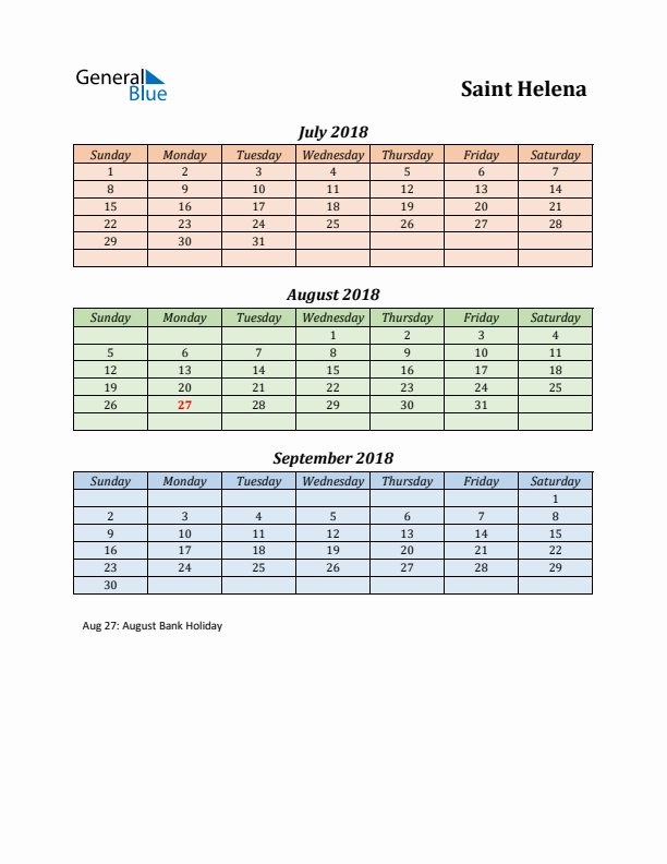 Q3 2018 Holiday Calendar - Saint Helena