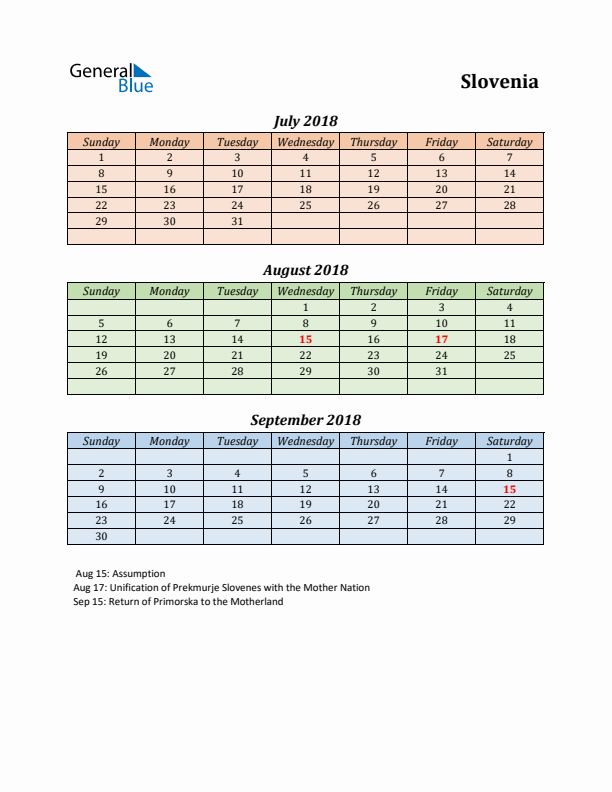 Q3 2018 Holiday Calendar - Slovenia