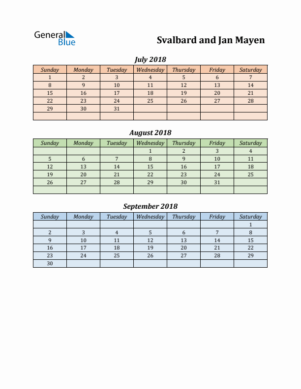 Q3 2018 Holiday Calendar - Svalbard and Jan Mayen