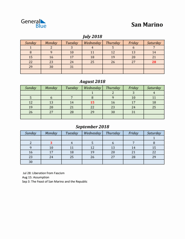 Q3 2018 Holiday Calendar - San Marino