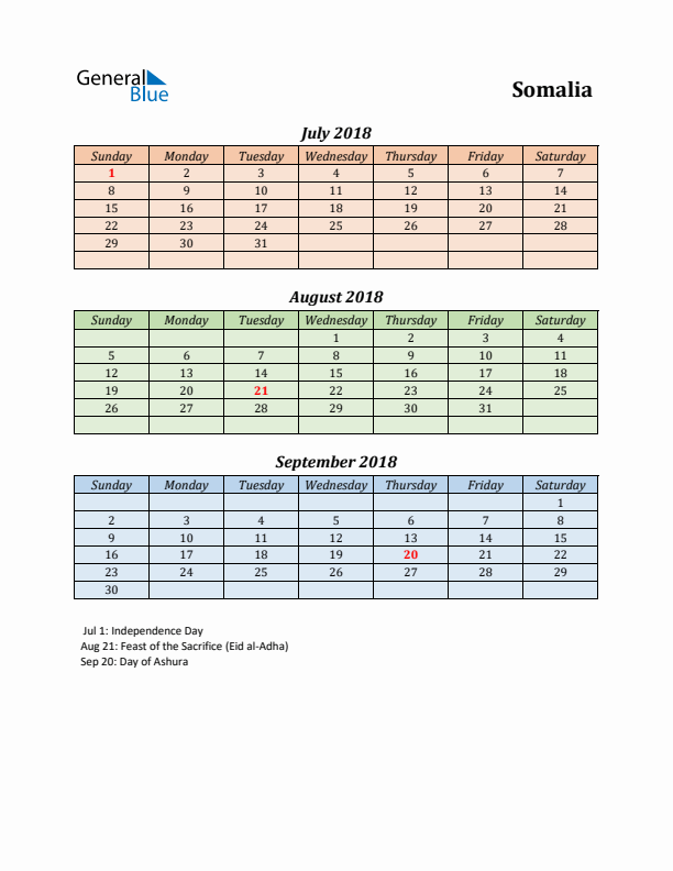 Q3 2018 Holiday Calendar - Somalia