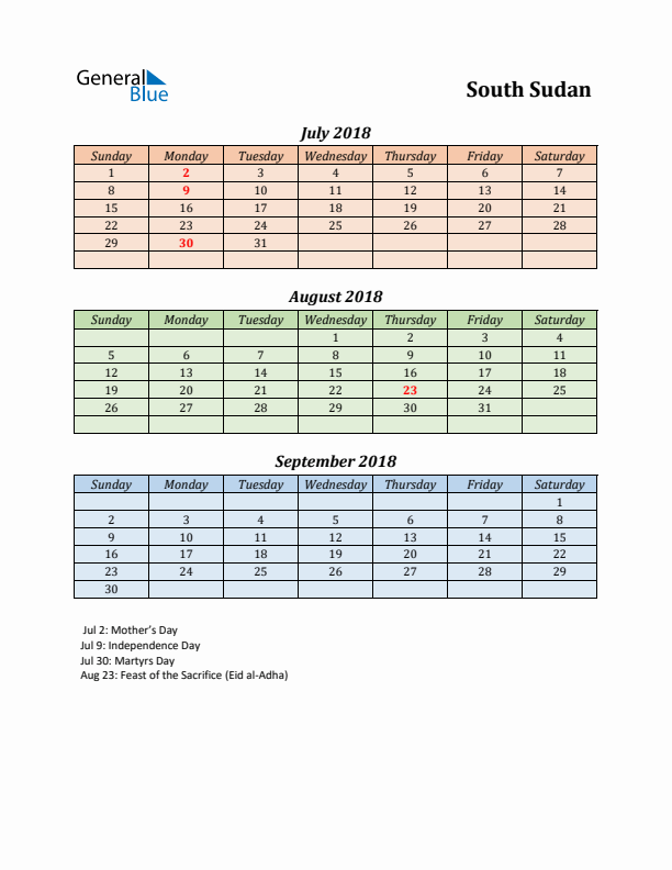 Q3 2018 Holiday Calendar - South Sudan