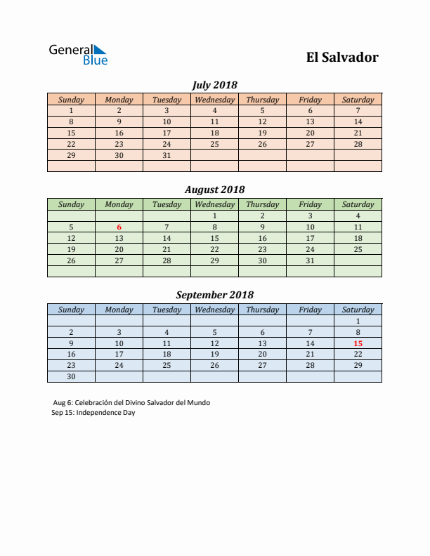 Q3 2018 Holiday Calendar - El Salvador