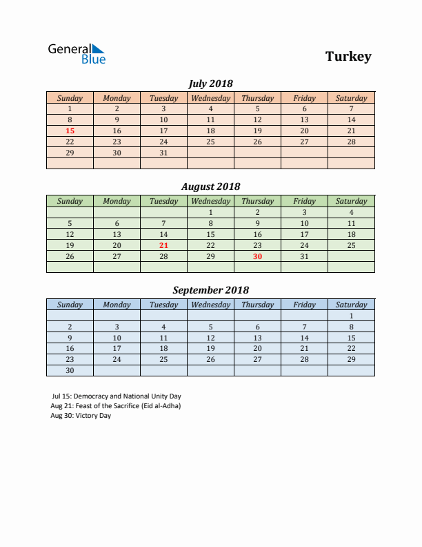 Q3 2018 Holiday Calendar - Turkey