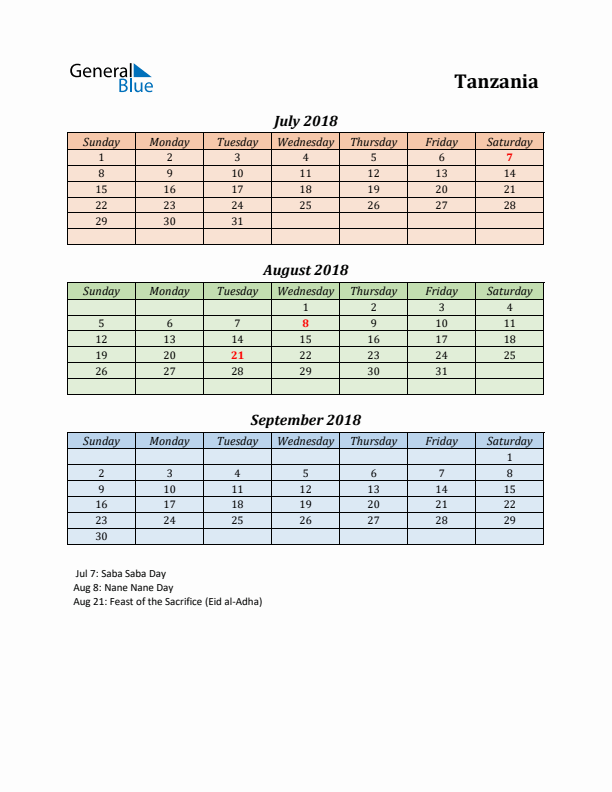 Q3 2018 Holiday Calendar - Tanzania