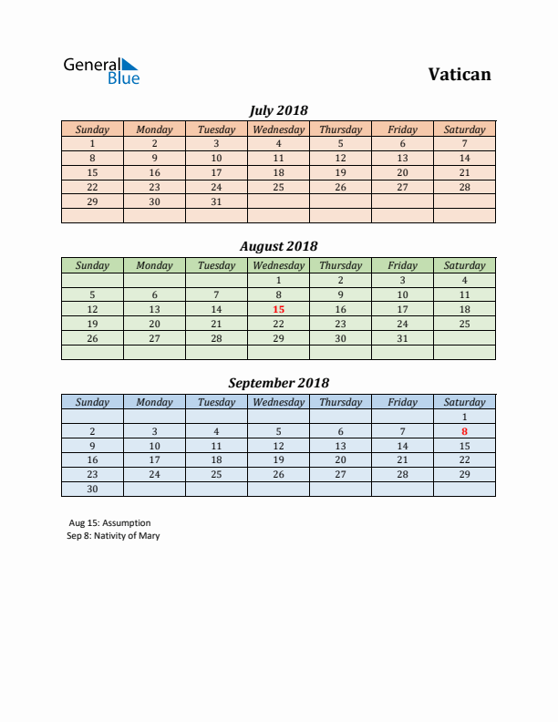 Q3 2018 Holiday Calendar - Vatican