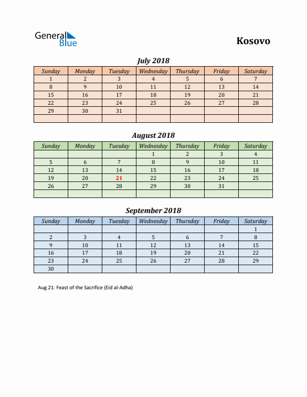 Q3 2018 Holiday Calendar - Kosovo