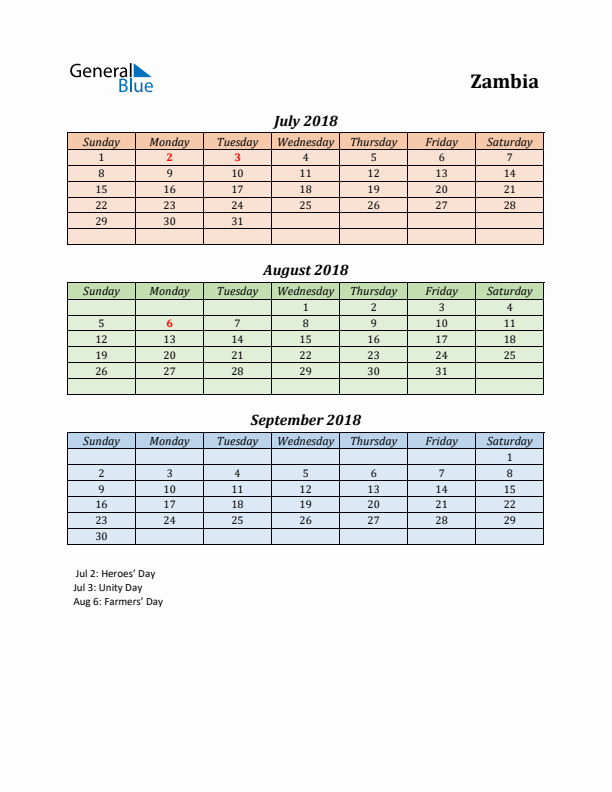 Q3 2018 Holiday Calendar - Zambia