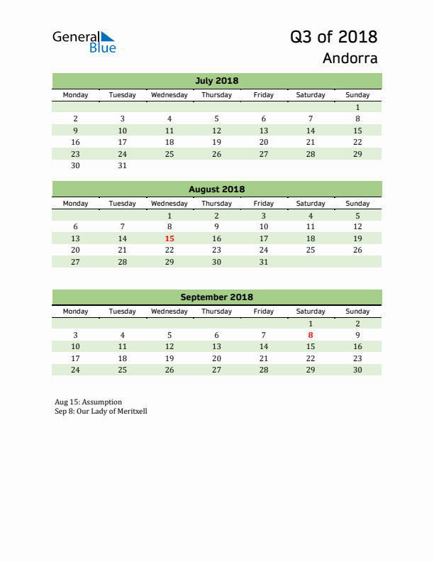 Quarterly Calendar 2018 with Andorra Holidays