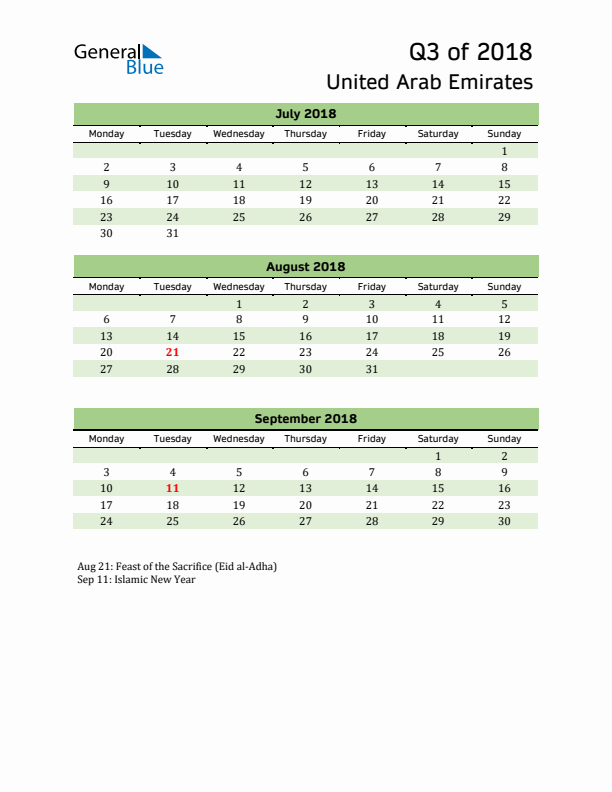 Quarterly Calendar 2018 with United Arab Emirates Holidays