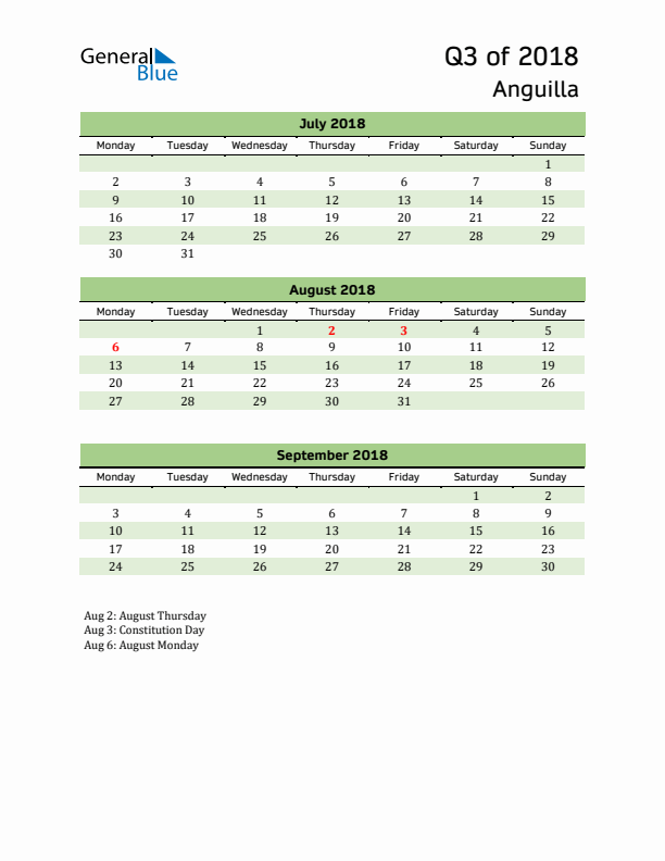 Quarterly Calendar 2018 with Anguilla Holidays