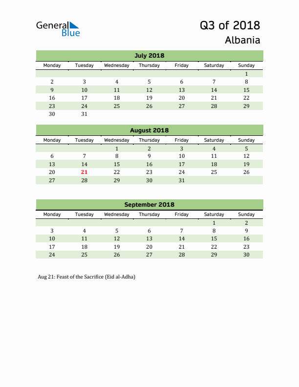 Quarterly Calendar 2018 with Albania Holidays