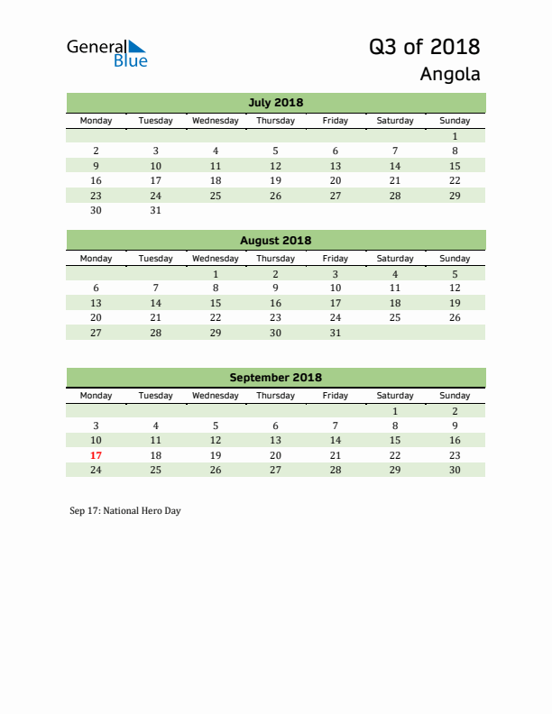 Quarterly Calendar 2018 with Angola Holidays