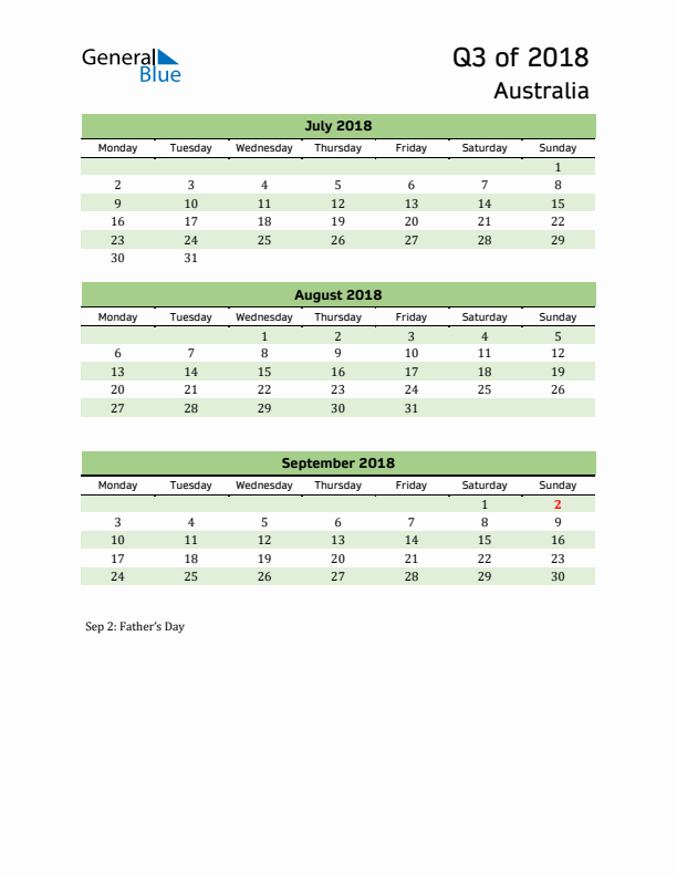 Quarterly Calendar 2018 with Australia Holidays