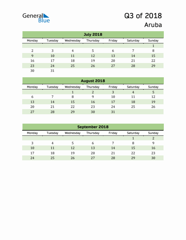 Quarterly Calendar 2018 with Aruba Holidays