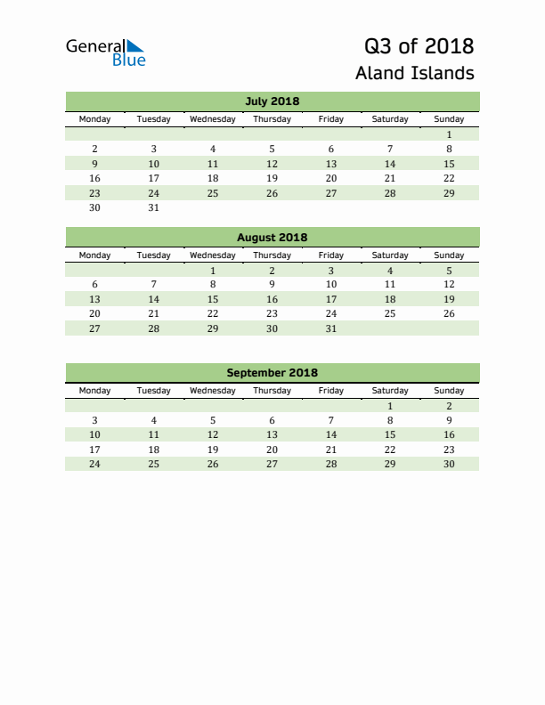 Quarterly Calendar 2018 with Aland Islands Holidays