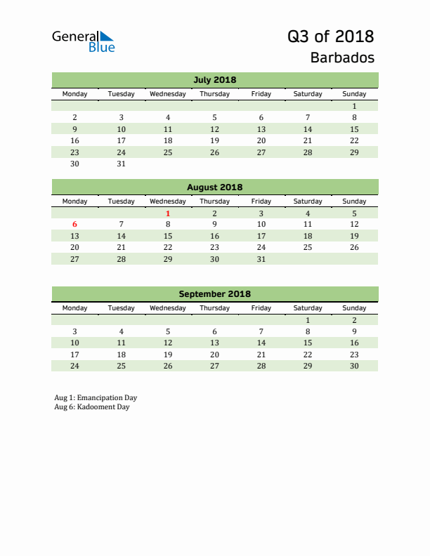 Quarterly Calendar 2018 with Barbados Holidays