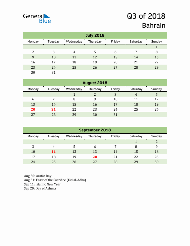 Quarterly Calendar 2018 with Bahrain Holidays