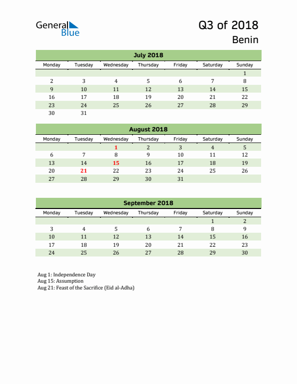 Quarterly Calendar 2018 with Benin Holidays