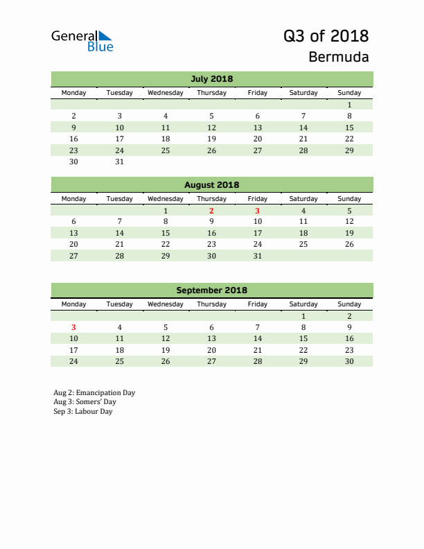 Quarterly Calendar 2018 with Bermuda Holidays