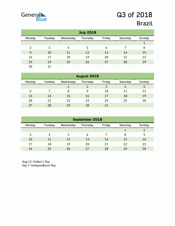 Quarterly Calendar 2018 with Brazil Holidays