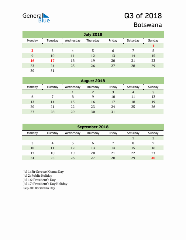 Quarterly Calendar 2018 with Botswana Holidays