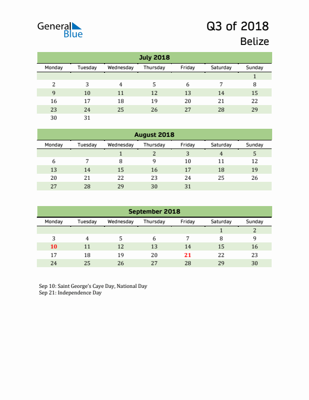 Quarterly Calendar 2018 with Belize Holidays