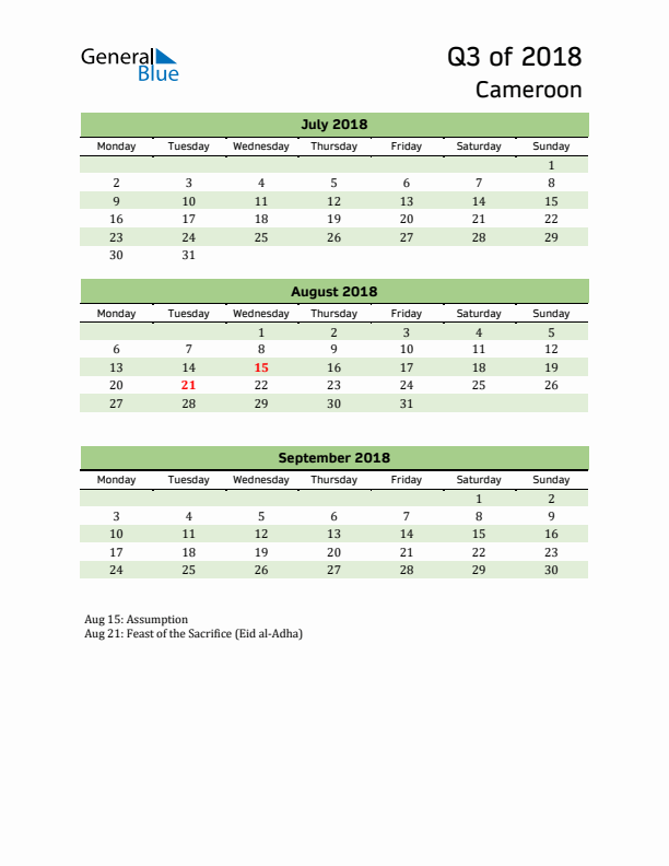 Quarterly Calendar 2018 with Cameroon Holidays