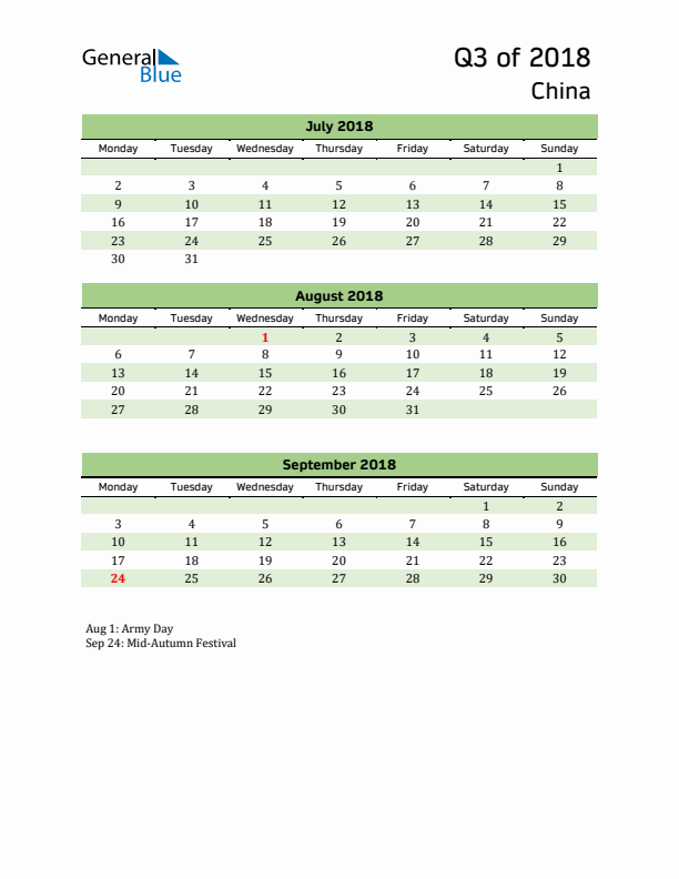 Quarterly Calendar 2018 with China Holidays