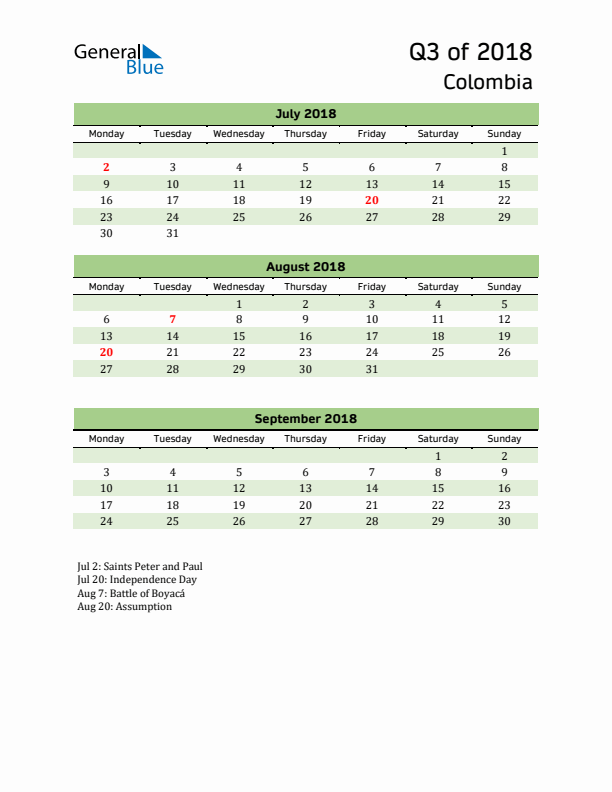 Quarterly Calendar 2018 with Colombia Holidays