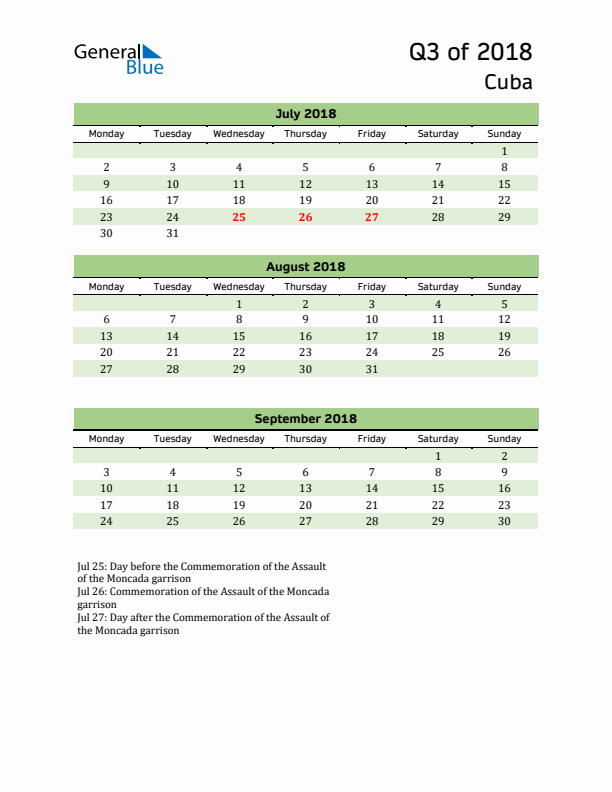 Quarterly Calendar 2018 with Cuba Holidays