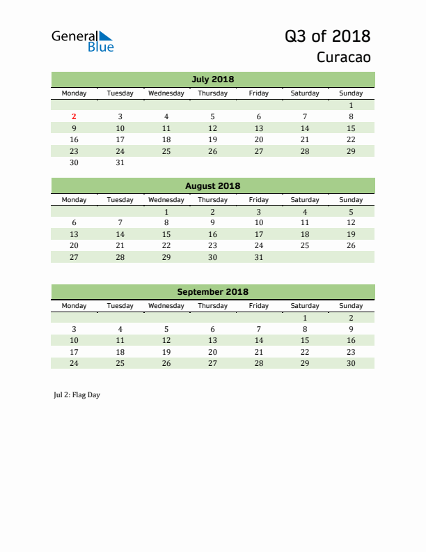 Quarterly Calendar 2018 with Curacao Holidays