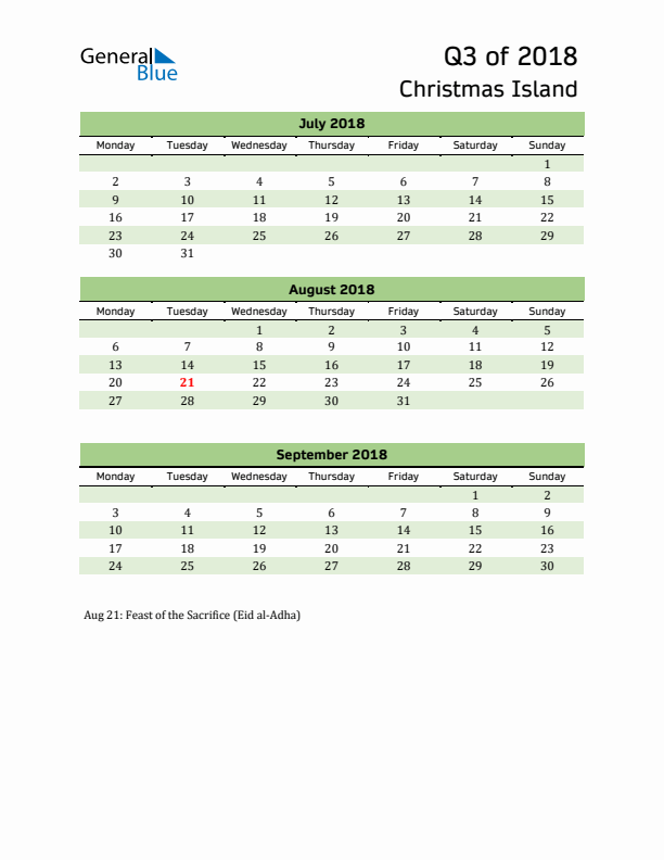 Quarterly Calendar 2018 with Christmas Island Holidays