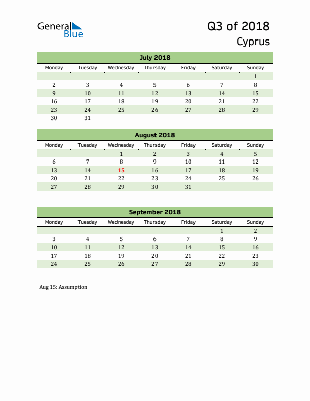 Quarterly Calendar 2018 with Cyprus Holidays