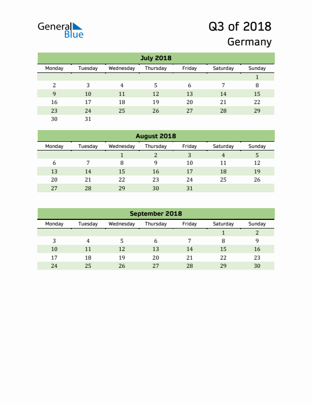 Quarterly Calendar 2018 with Germany Holidays