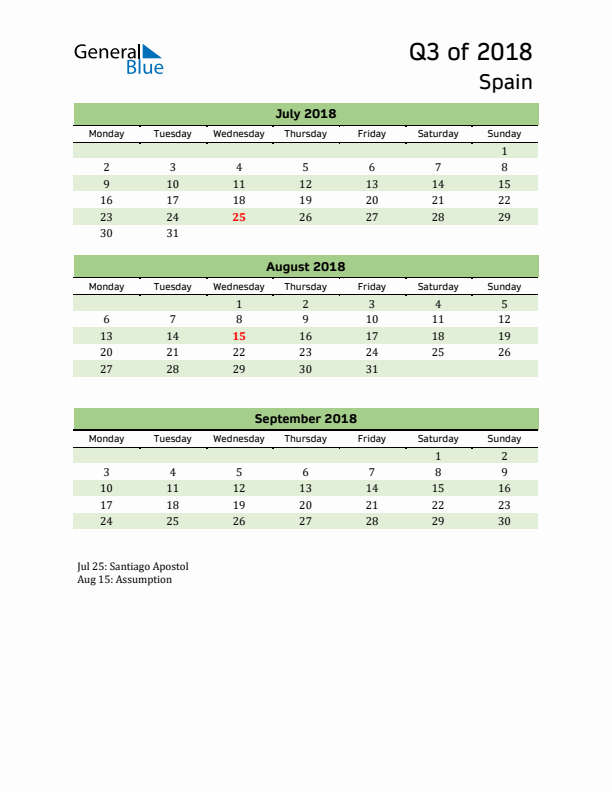 Quarterly Calendar 2018 with Spain Holidays