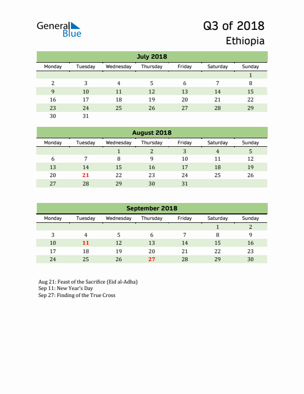 Quarterly Calendar 2018 with Ethiopia Holidays