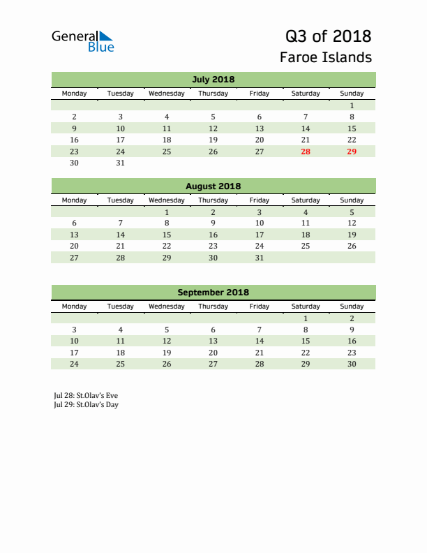 Quarterly Calendar 2018 with Faroe Islands Holidays