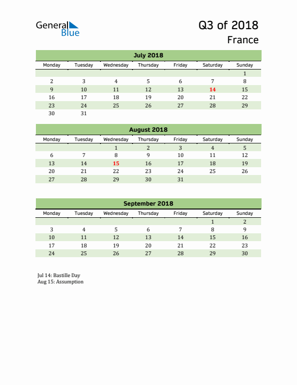 Quarterly Calendar 2018 with France Holidays