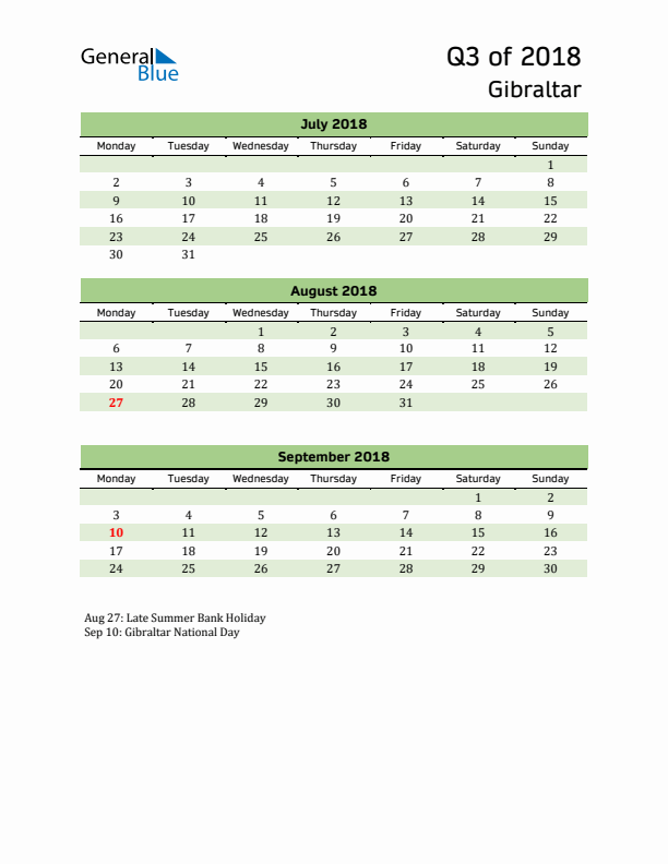 Quarterly Calendar 2018 with Gibraltar Holidays