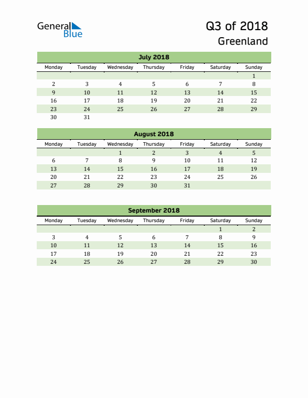 Quarterly Calendar 2018 with Greenland Holidays