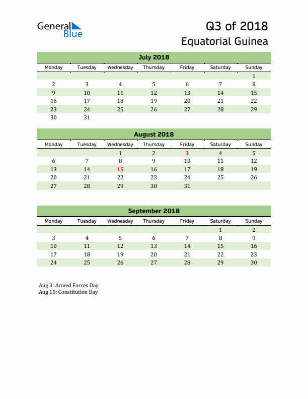 Quarterly Calendar 2018 with Equatorial Guinea Holidays