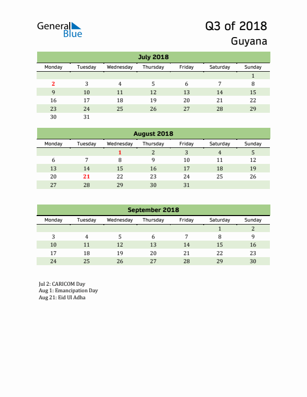 Quarterly Calendar 2018 with Guyana Holidays