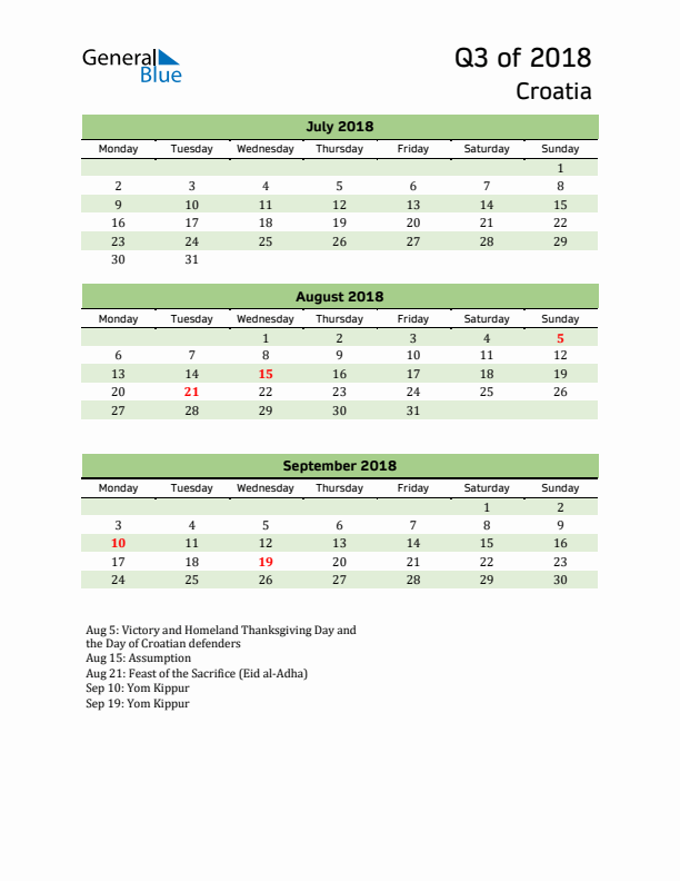 Quarterly Calendar 2018 with Croatia Holidays